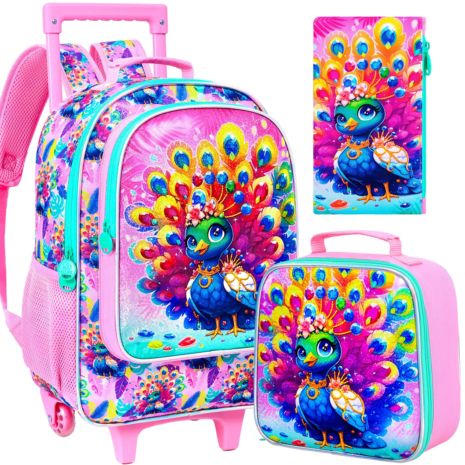 

3Pcs Rolling Backpack for Girls, Kids Roller School Backpack with Wheels, Peacock Wheeled Bookbag for Elementary Preschool Kinde
