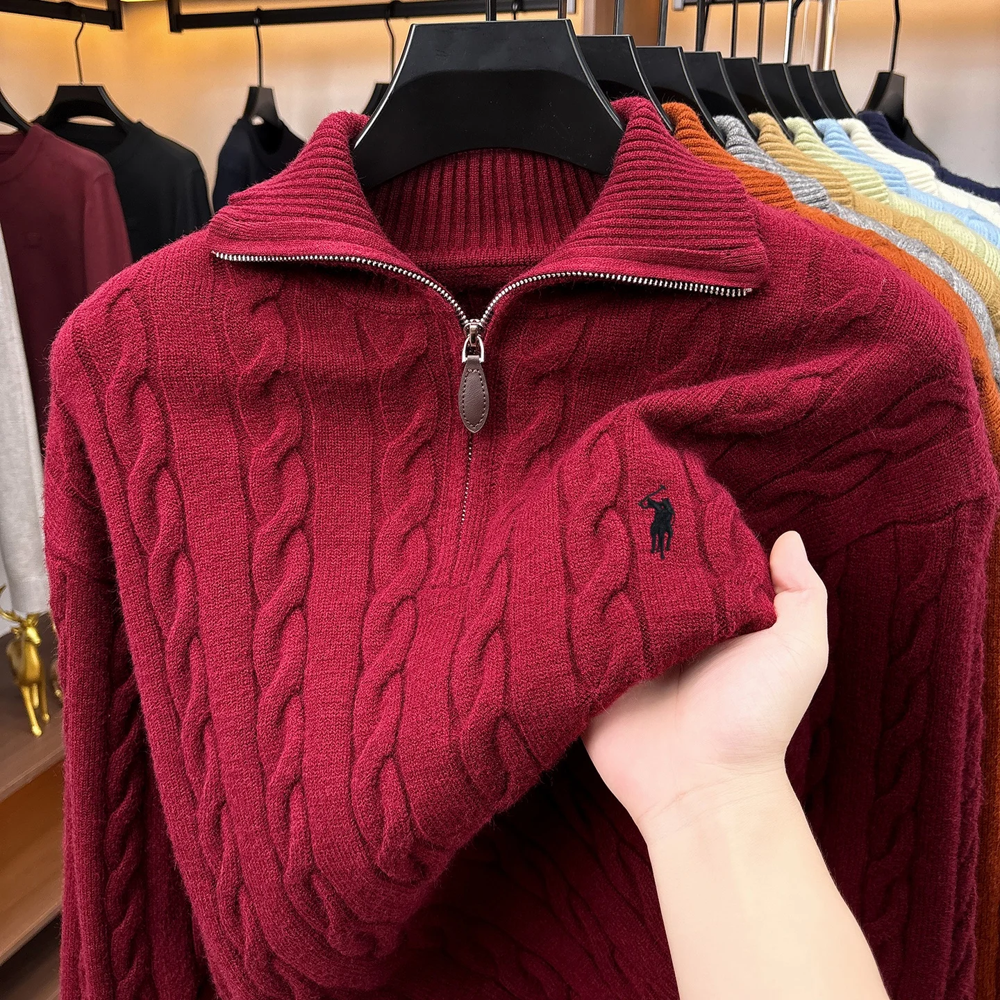 Herbst Winter Neuer Pullover Klassische Mode Jacquard Herren Retro Reißverschluss Stehkragen Luxus Paul Pony Stickerei Lässiger Strickpullover – Detail 24