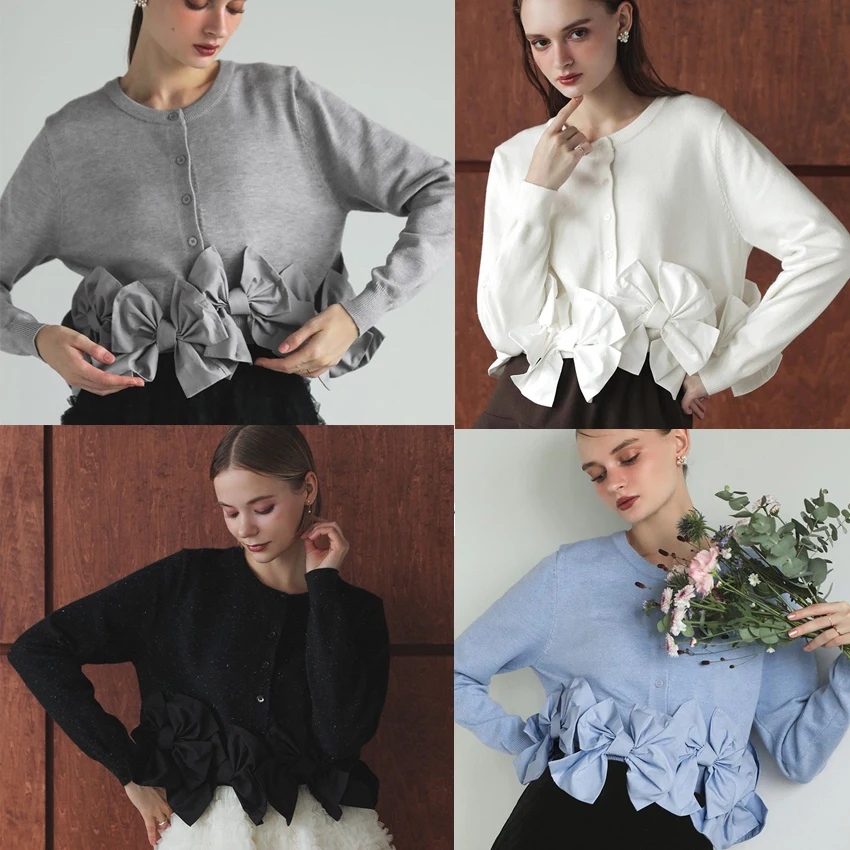 Heavyweight Knitted Short Cardigan Sweater with 3D Knot Decoration Princess Style Long Sleeve Warm Spring Workwear