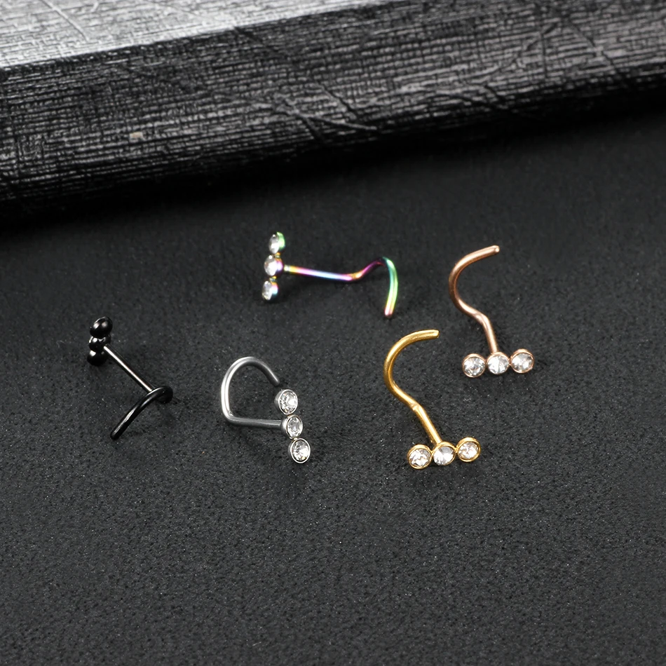 20G 7mm Stainless Steel Nose Wing Piercing Nose Screw Studs 3 Cz Gems Paved Indian Nostril Piercing Body Jewelry Women Punk Gift