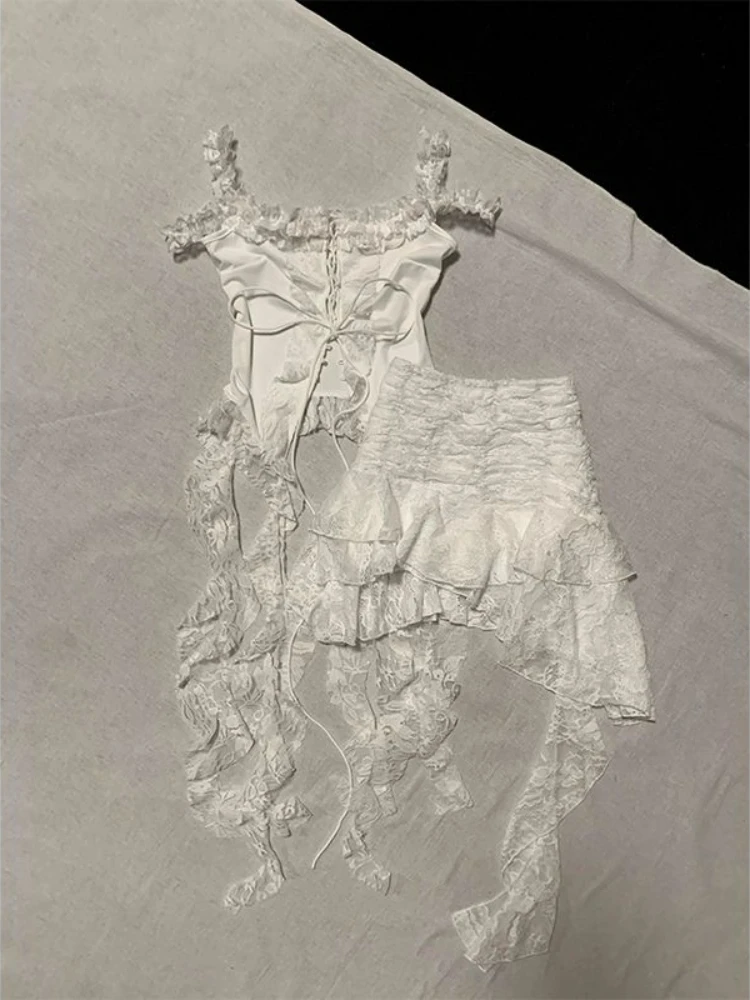 

Women Fairycore Two Piece Set Lace Strap Top and Irregular Ruffle Mini Skirt Slim Fit Suit White Sweet Y2K Style Summer Outfit