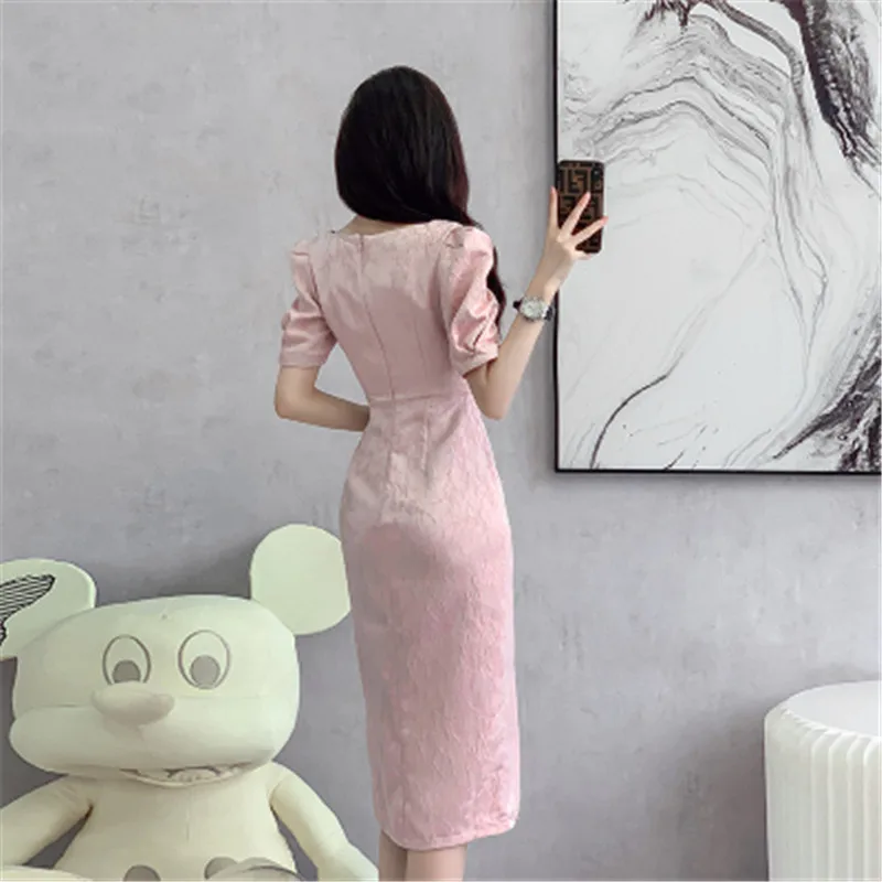 2024 Pink Summer Women Improved Cheongsam Square Collar Mid Long Vintage Dress Chinese Style Slim Fashion Ladies Dresses Qipao