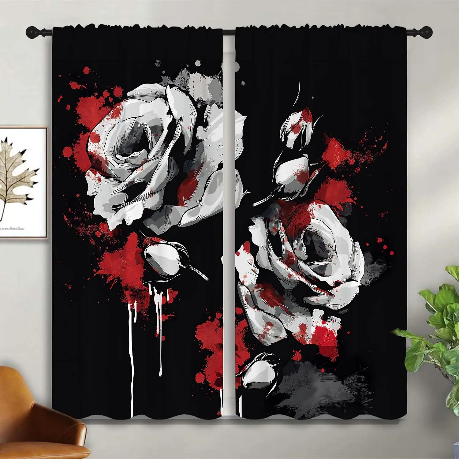 Gothic White Rose Rod Pocket Curtain Black Background Red Splash Ink Drip Floral Print Dark Aesthetic Bedroom Living Room Home
