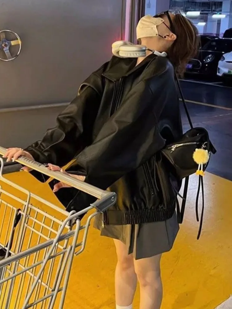 Czarna Luźna Kurtka Skórzana PU Damska Motocyklowa Kurtka Skórzana na Zamek Damska Koreańska Kurtka Skórzana w Stylu High Street Jesień 2025