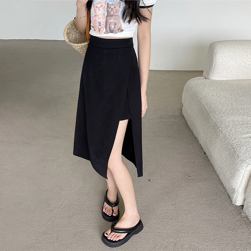 

Черная юбка с нерегулярным разрезом, женская летняя юбка трапециевидной формы средней длины, юбка на бедрах с высокой талией