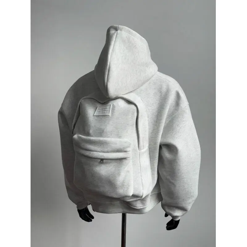 Men's Stylish Sports Hooded Jacket White & Gray 3D Backpack Cardigan Heavyweight Short Wide Sweatshirt