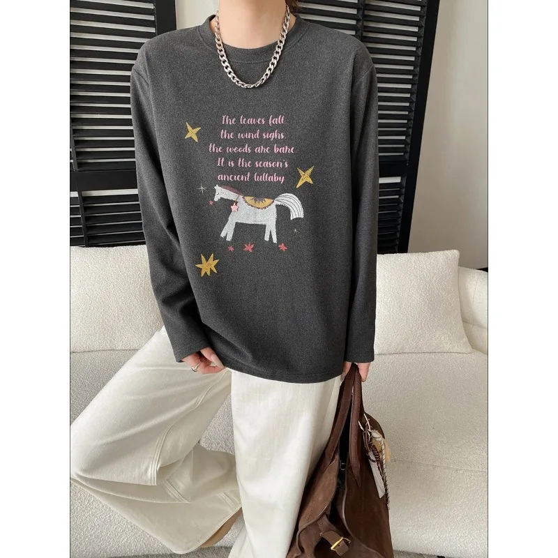 

Letter Print Round Neck Loose Long Sleeve Base Shirt T-shirt
