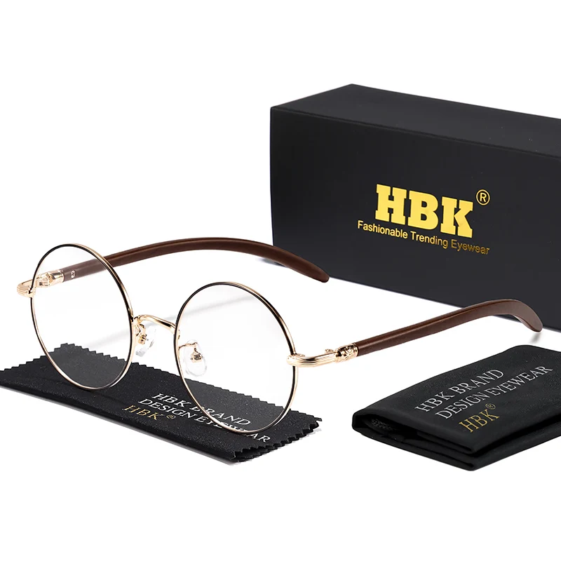 HBK Retro Anti-Blaulicht-Brille für Damen, runder Rahmen, Holzmaserung, Metallrahmen, Herrenmodell mit flachem, leichtem Rahmen, hochwertige Brillen – Detail 7