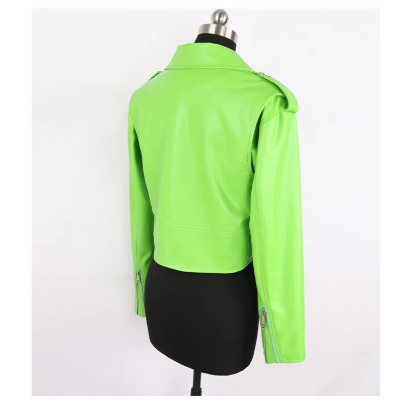 Spring Autumn Short Green Stylish Faux Leather Biker Jacket Women Zipper Long Sleeve Fashion Coat