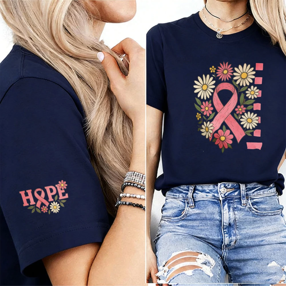 Vintage Daisy Flower Pink Ribbon Hope Women T-Shirt Floral Hope Letter Cuff Print Breast Cancer Awareness Faith Casual Tee Tops