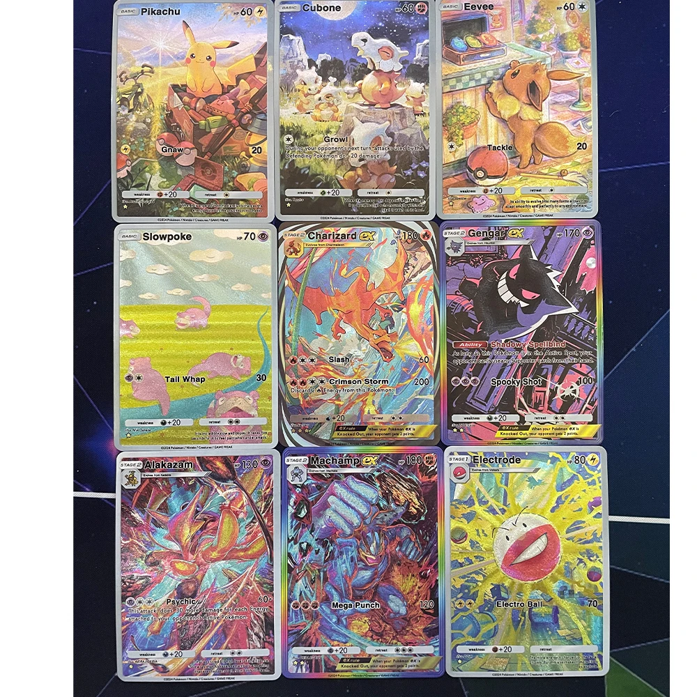 9 sztuk/zestaw Anime PTCG kieszonkowa karta kolekcjonerska Cubone Charizard Eevee Gengar Alajazam Machamp tłoczona tekstura fiszka prezent dla dziecka