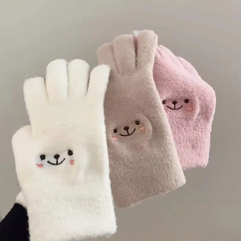 Women's Stylish Thick Polyester Winter Gloves Touchscreen Compatible Fleece-Lined Knitted Gloves With Separate Fingers