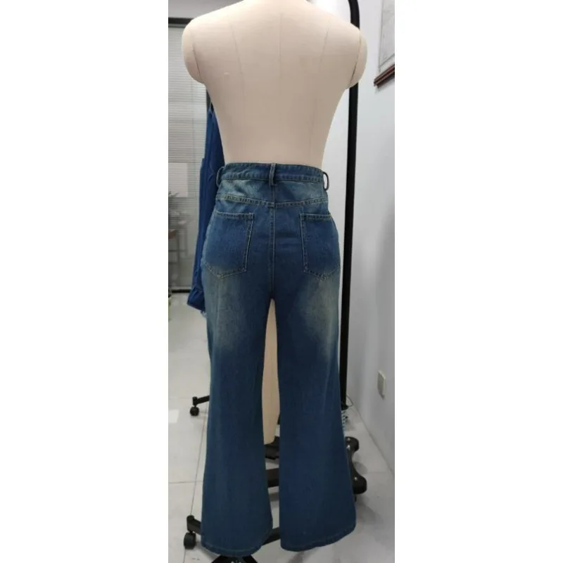 Retro Washed High Street Personalized Jeans Women's Autumn New Design Sense Single-breasted Straight Tube Exquisite and Simple