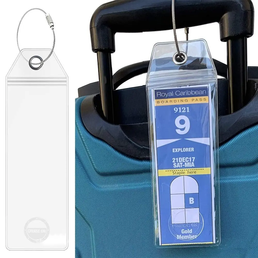 Steel Wire Cable Loop Cruise Luggage Tag Holders Zip Seal Pouch PVC Suitcase Label Holder Waterproof Clear Cruise Tags