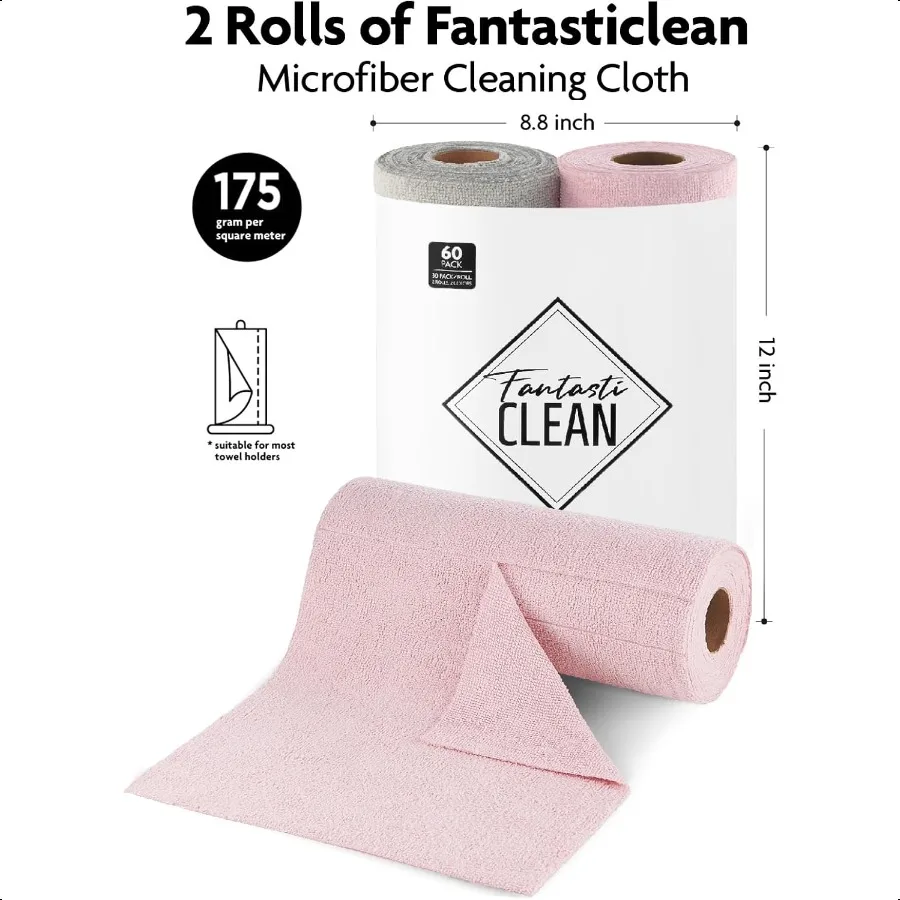 Microfiber Cleaning Cloth Roll 60 Pack Tear Away Microfiber Towels 12" x 12" Reusable Washable Scratch Free Ultra Absorbent Dis