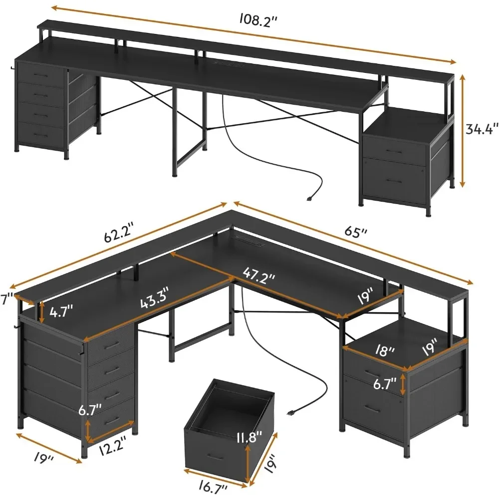 L Shaped Desk with 6 Drawer, with File Drawer & Power Outlet with Monitor Shelf, with Led Lights, 108