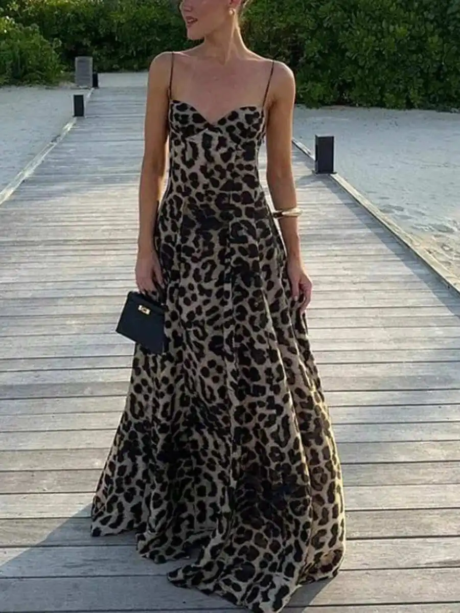 

Leopard Print Elegant Flounced Hem Maxi Dress Lightweight Woven Fabric Spring Summer