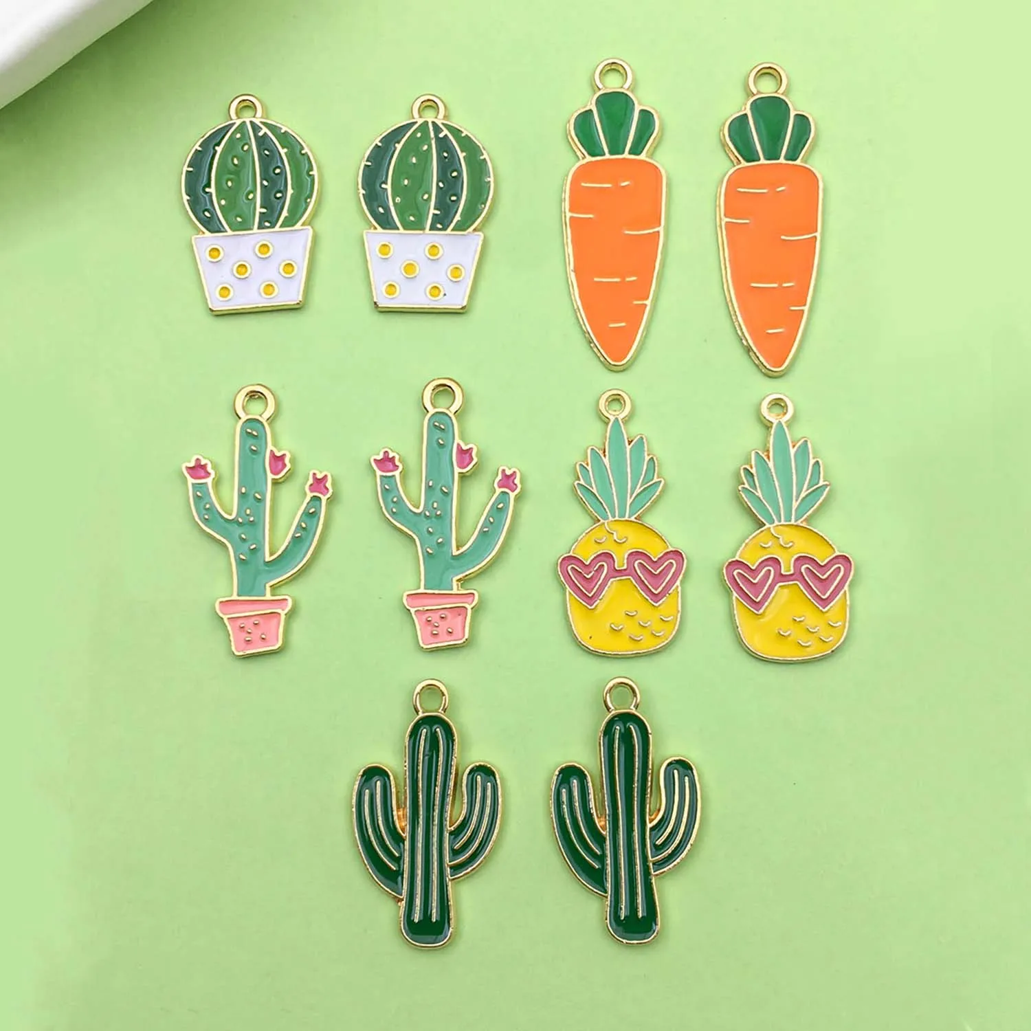 10pcs Enamel Cactus Pineapple Carrot Charms Alloy Plant Fruit Pendants For DIY Bracelet Necklace Jewelry Making Accessories