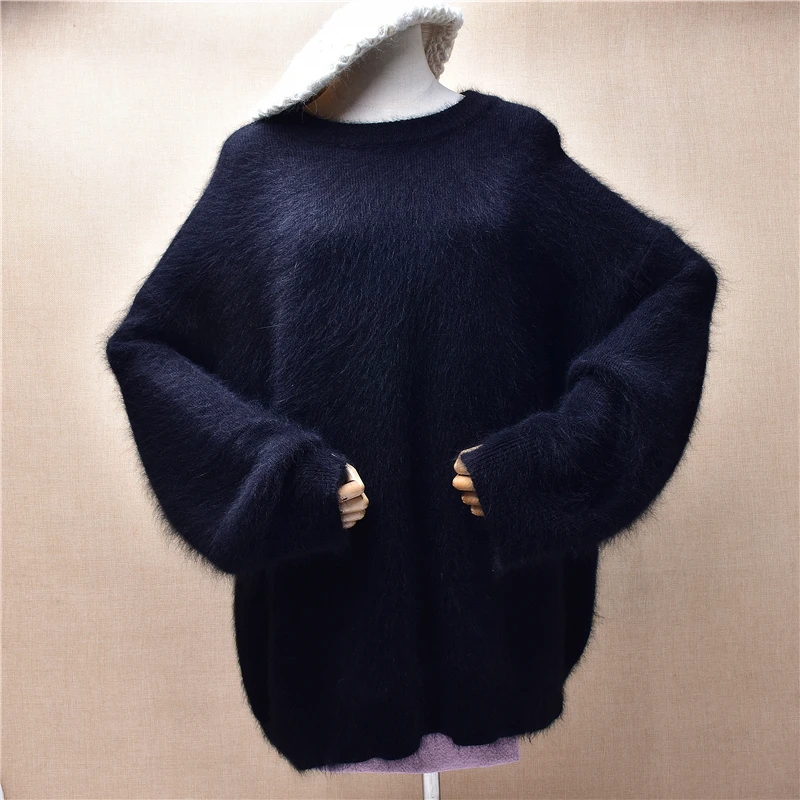 

Heavy Thick Women Mujer Autumn Winter Black hairy Angora Rabbit Hair Jersey Long Sleeves O-Neck Loose Pullover Sweater Jumper