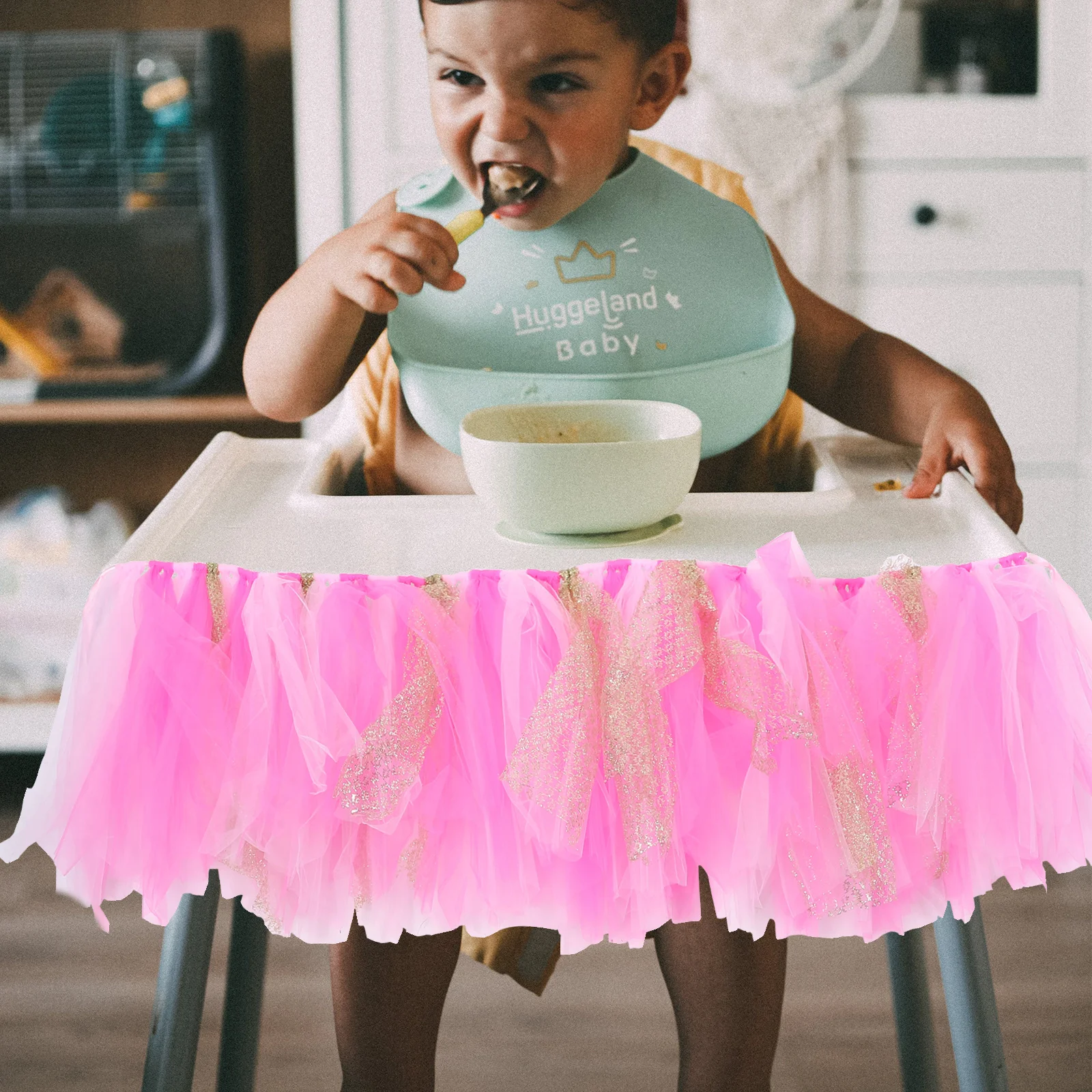 تنورة توتو للأطفال مصنوعة يدويًا من التول اللامع الوردي الوردي لحفلات الاستحمام كرسي مرتفع لتزيين كرسي مرتفع