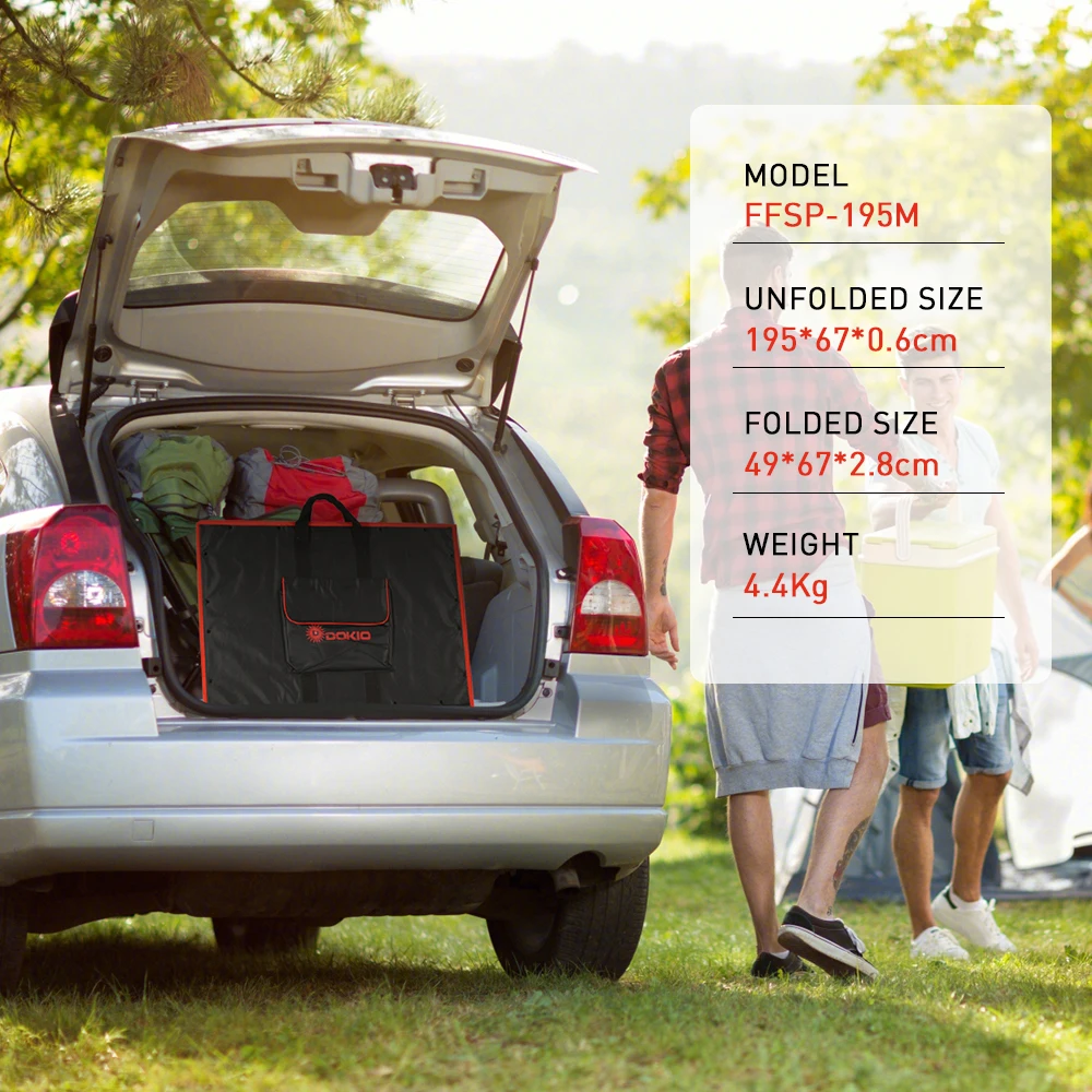 DOKIO แผงควบคุมพลังงานแสงอาทิตย์สีดำ195W 18V, แผงควบคุม12V แบบพับได้จากประเทศจีน