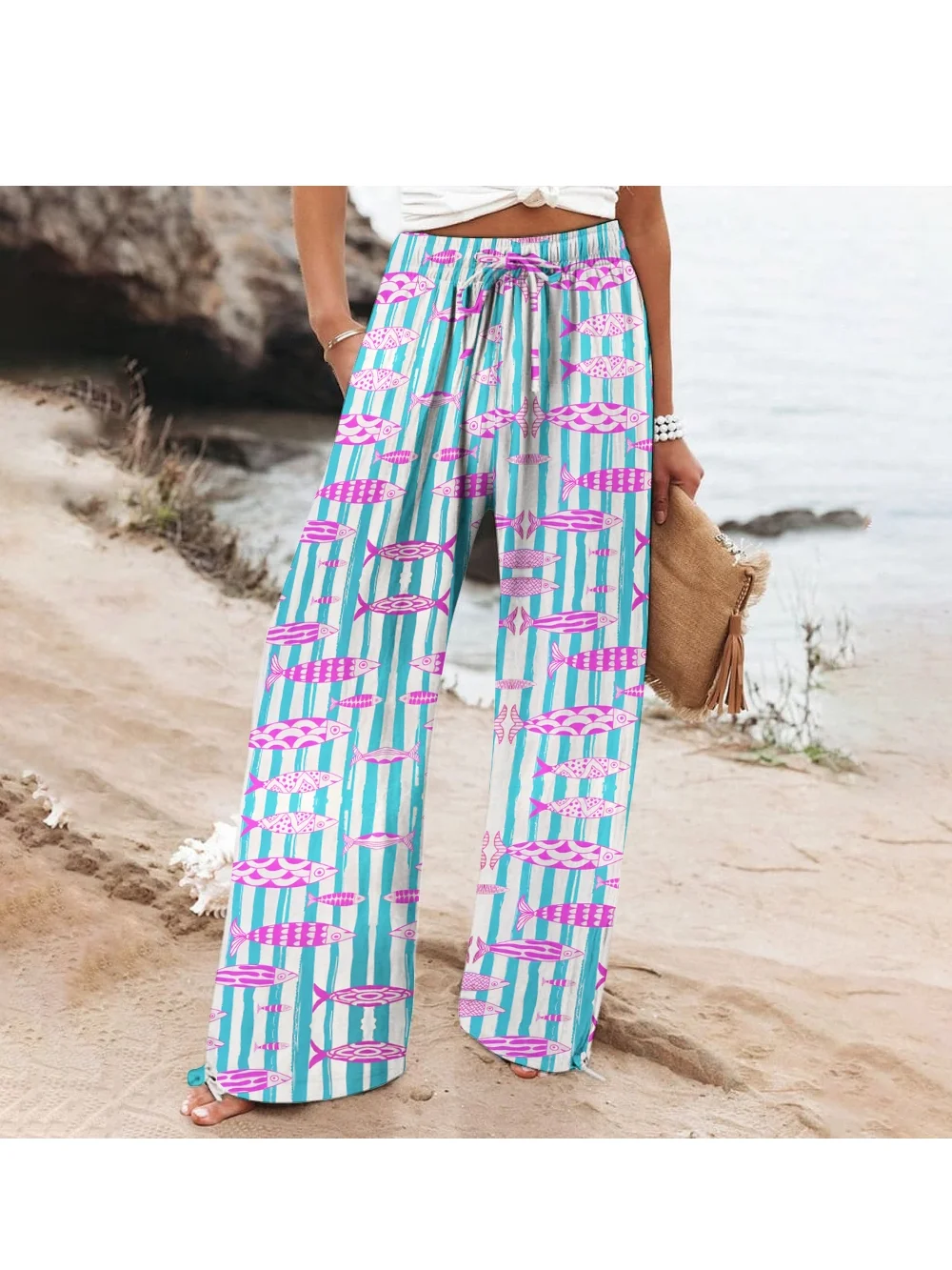 Blue Striped Casual Pants Straight Fashion New Women's Pink Fish Print Holiday Beach Pants Luxury High Quality Wide Leg Pants