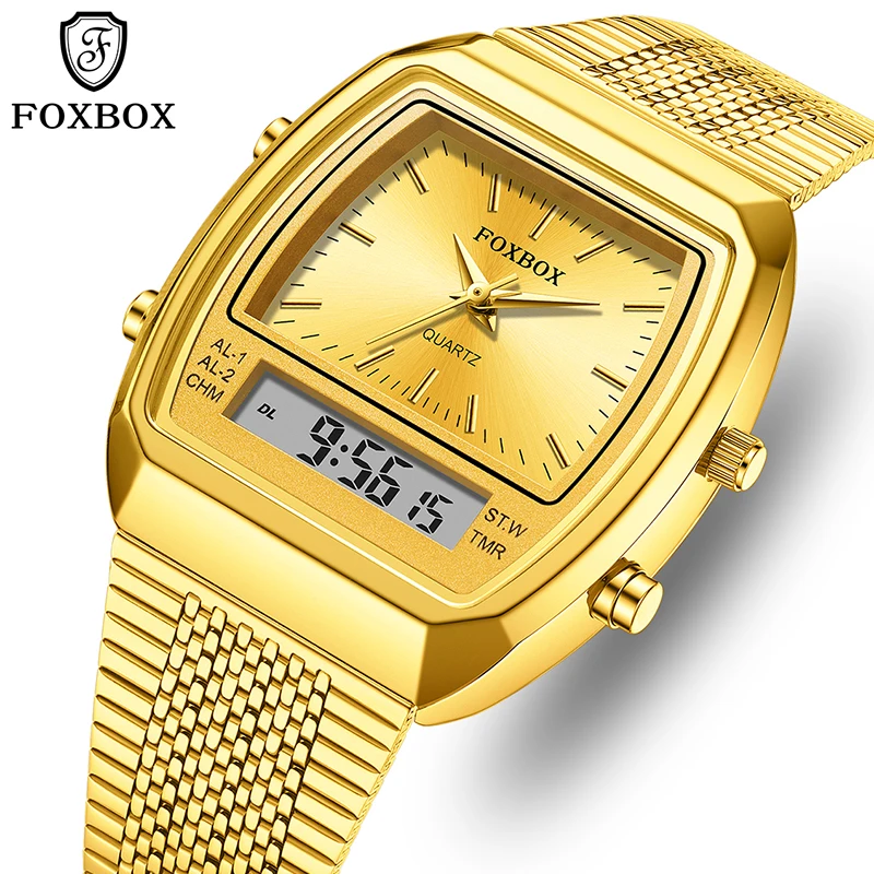 FOXBOX Gold Square Watch Women Top Brand Luxury Women's Bracelet Watch Fashion Elegant LED Backlight Waterproof Watch For Women