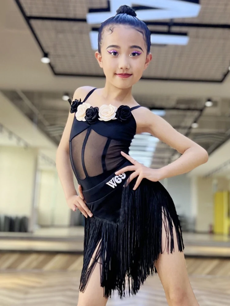 2024 Latin Dance Dress Girls Black Fringe Dress Suspender Suit Cha Cha Rumba Dance Costume Kids Latin Competition Wear DNV20485