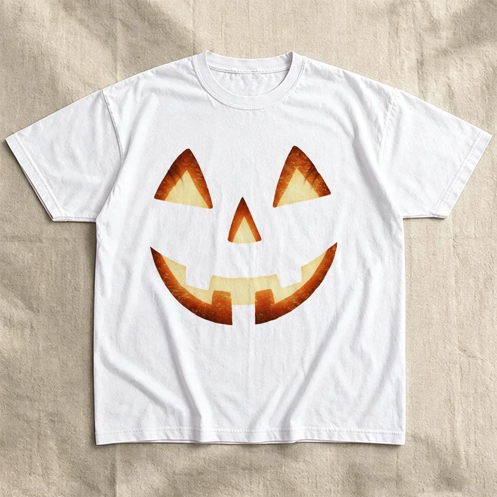 Pumpkin Face Glowing Graphic Tee Women Halloween Short Sleeve T-Shirt Jack-O-Lantern Spooky Season Fall O-Neck Casual Top Cheap