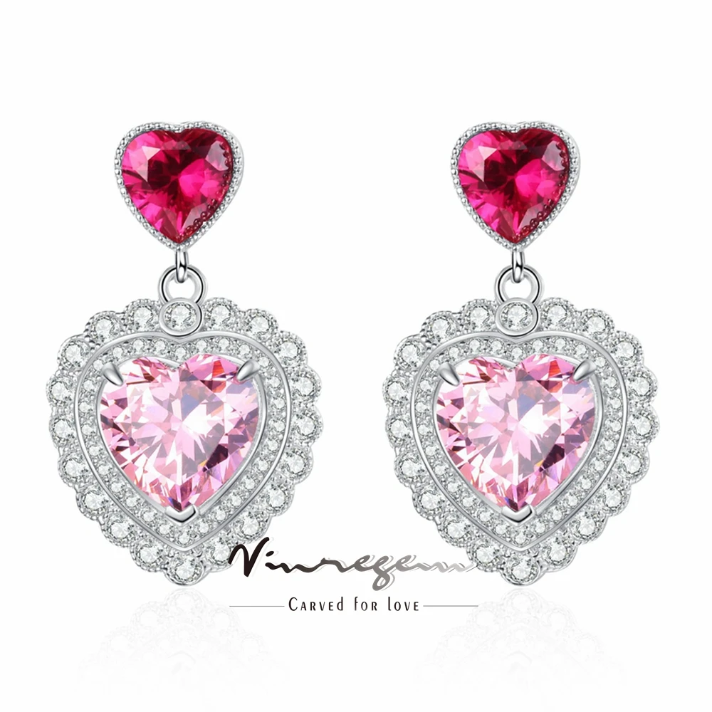 Vinregem 10MM Heart Cut Lab Created Sapphrie High Carbon Diamond Gems Drop Earrings 925 Sterling Silver Fine Jewelry Girls Gifts