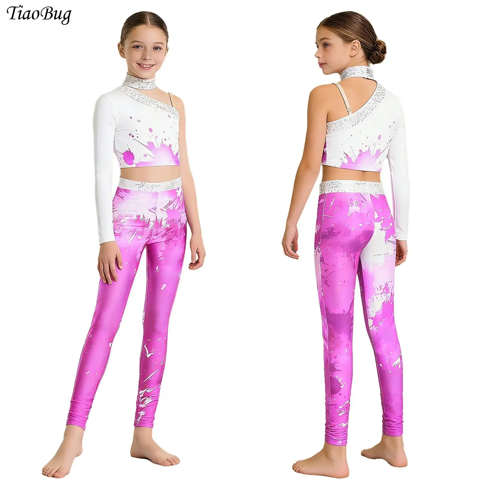 十代の女の子のバレエダンスセットスタイリッシュなプリント体操フィギュアスケート衣装光沢のあるスパンコールワンスリーブクロップトップとレギンススーツ