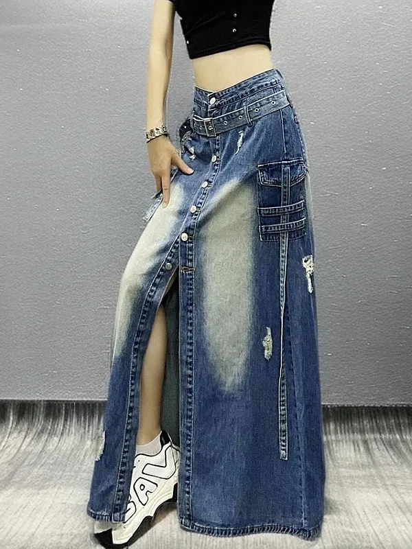 

Faionable High Waist Slimming Mid-Length A-Line Denim Skirt with Slit for Women Ele Commute Sle Resin Color Fixing