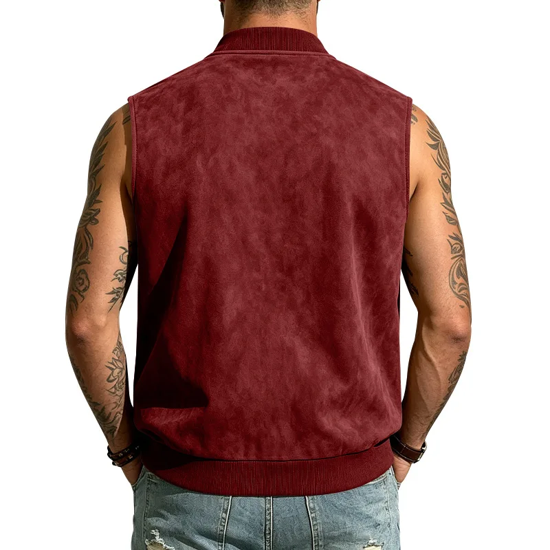 Men's Spring-Autumn Casual Outfit: Faux-Leather Sleeveless Baseball Round-Neck Zipper Jacket with Side Pockets and Relaxed Fit.