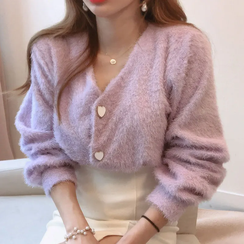 Purple V Neck Heart Button Sweater For Women Korean Style Long Sleeve Cardigans Coat Soft Female Short Knitshirts Outerwear