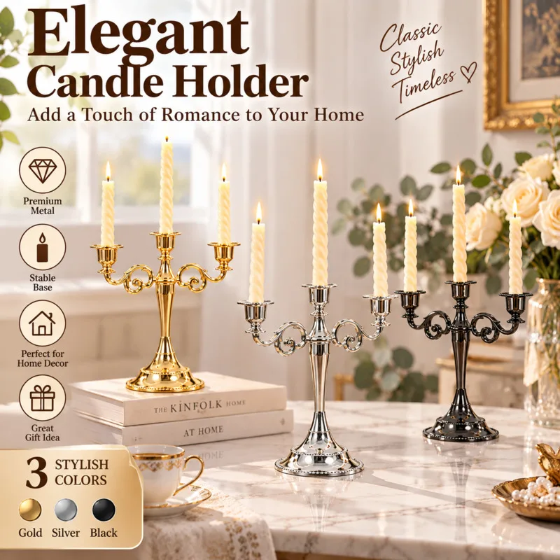 Classic European Vintage Metal Candelabra, 3 Arm Candle Holder Stand, Gold Silver Table Centerpiece Wedding Decor Birthday Gift