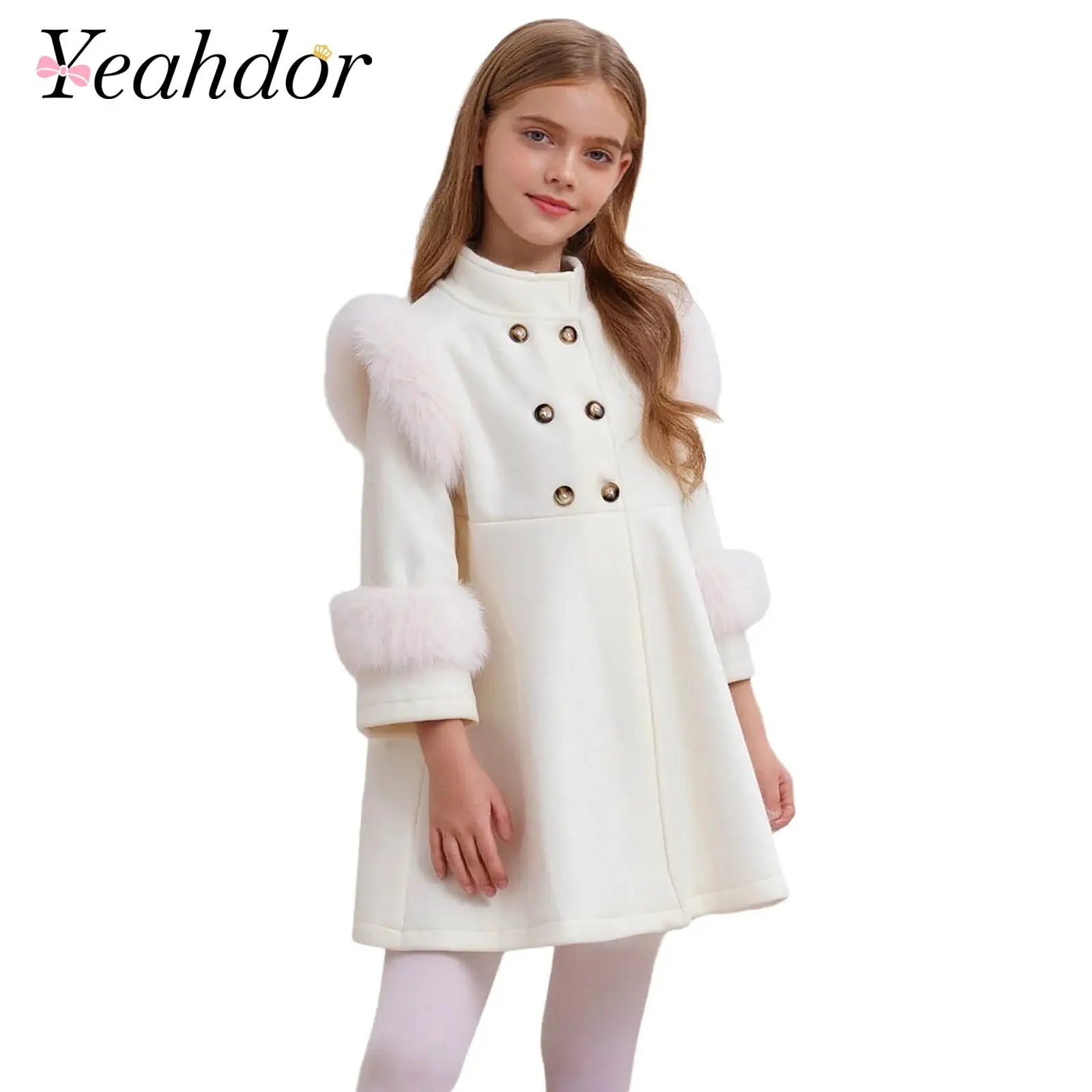 

Детское элегантное платье-тренч для девочек, пушистое лоскутное двубортное теплое платье с воротником-стойкой и длинными рукавами, зимний вечерние рождественский костюм