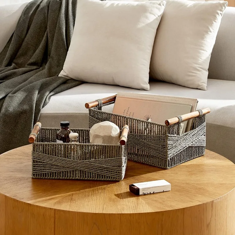 Wicker Storage Baskets for Organizing, Recyclable Paper Rope Basket with Wood Handles, Decorative Hand Woven