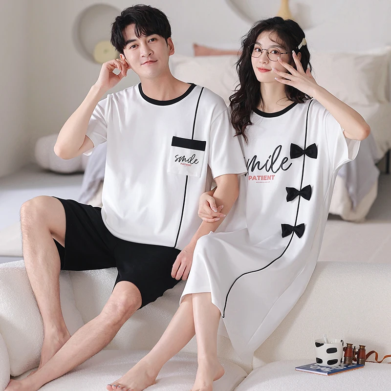 New Couple Pajamas Set Summer Short Sleeve Sleepwear 100% Cotton Men Women Fashion Pijamas Suit Hot sell Women Nightgown