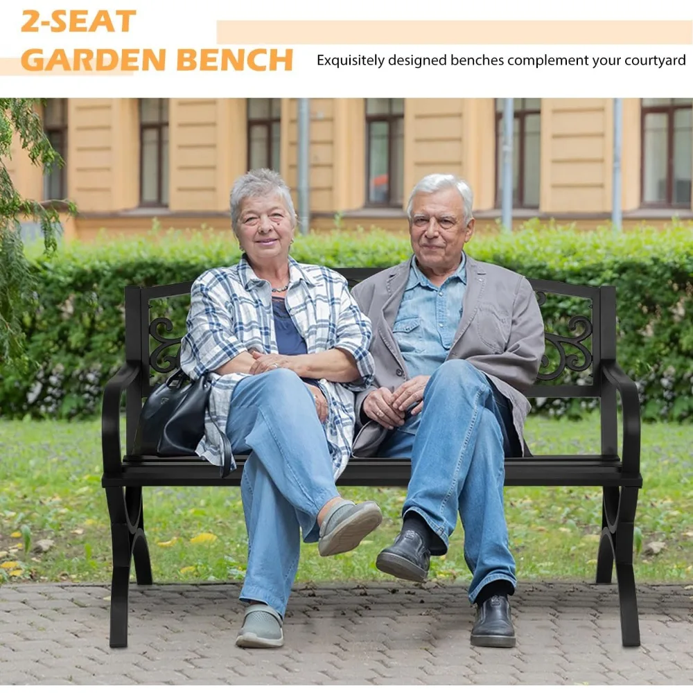كراسي Loveseat معدنية سوداء للاستخدام الخارجي مقعد حديقة الفناء 50 بوصة مساند للذراعين بمقعد شرائحي تصميم الأزهار البلاستيكية الخلفية مثالية لـ