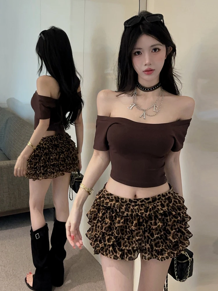 

Sexy Low Cut Short T-Shirt Vintage Leopard Print Cake Skirt Pants Set Versatile Square Collar Belly Baring Women's Fashion