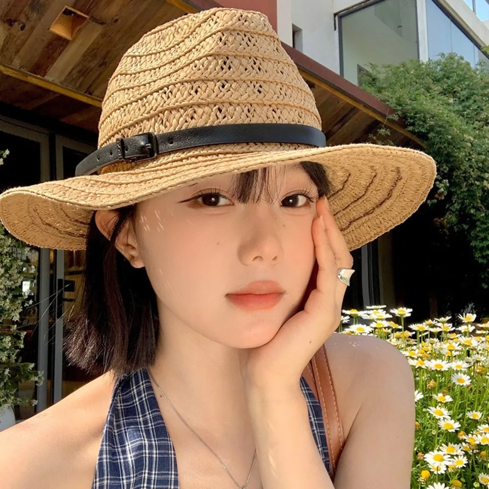 Fashion Hollow Hollow Straw Hat Jazz Wide Brim Western Cowboy Hat Leather Buckle Sunscreen Visor Cap Unisex
