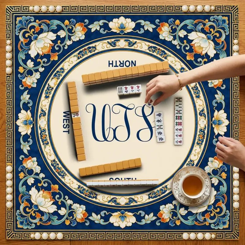 VIKAMA Enamel Lotus Monogram Mahjong Mat Pearl Trim Non Slip Pad Zoned American Mahjong Desktop Game Cover