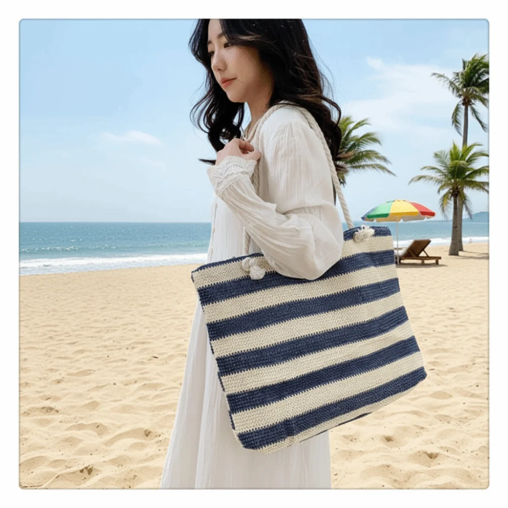 

Пляжная сумка-тоут в полоску, соломенная, большая вместительная сумка через плечо, складная, на молнии, для спортзала, покупок, отпуска