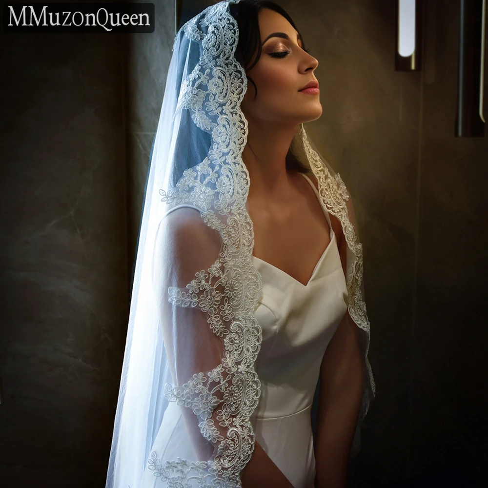 MMQ M49 Lace Edge Cathedral Veil Embroidery Fabric 1 Tier Long Mopping Wedding Veils Solf Tulle Bridal Wedding Accessories