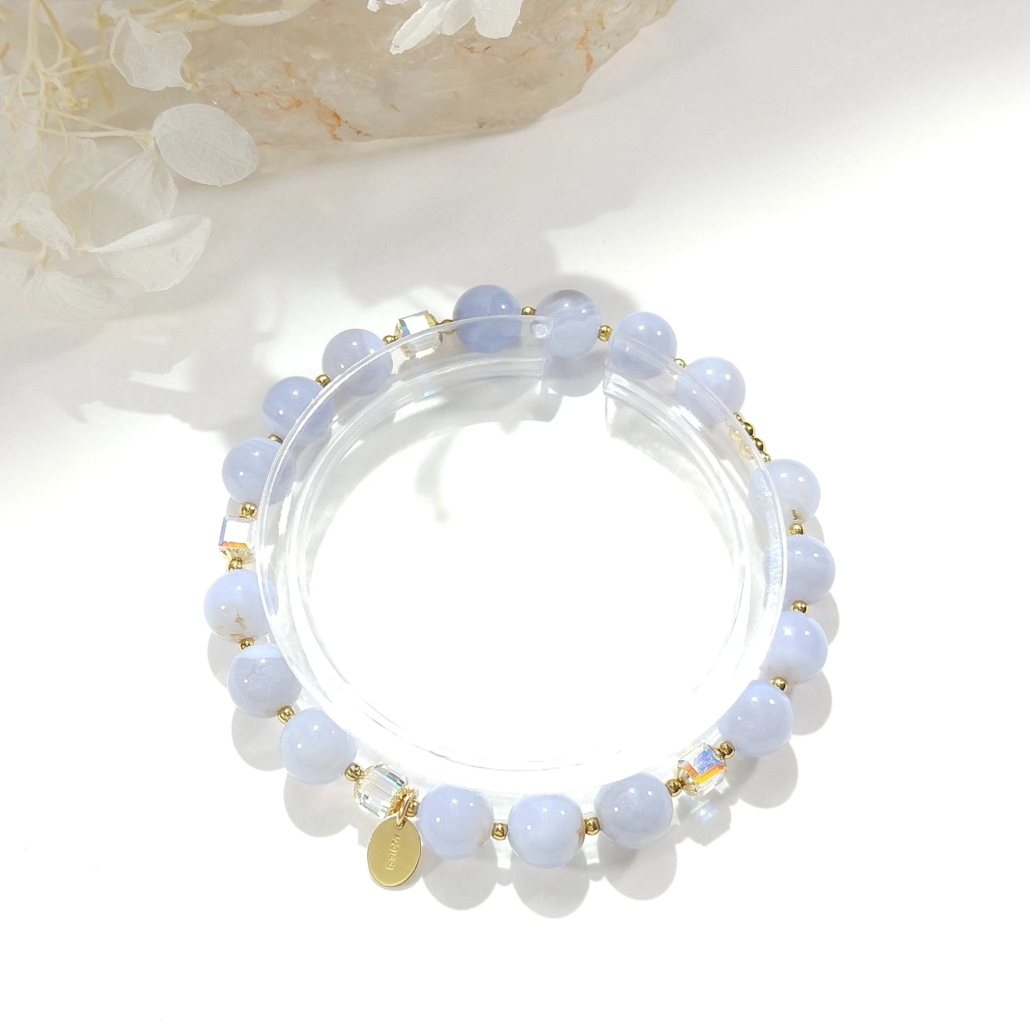 Lii Ji Natural Blue Lace Agate 6mm/8mm With Crystal American 14K Gold Filled Elastic Bracelet