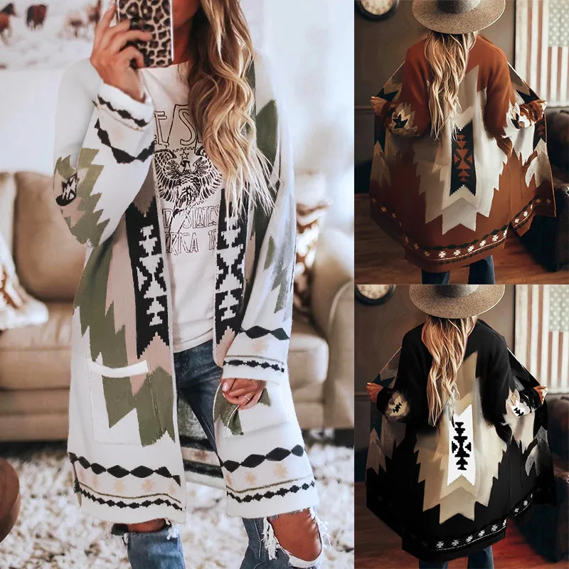 Women\'s Vintage Ethnic Casual Print Fleece Jacket Loose Cardigan With Pockets Office Lady\'s Chic Elegant All-Match Coat Homewear