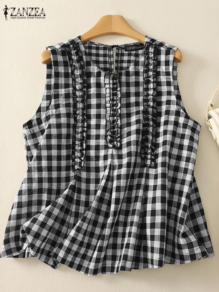 النساء خمر الكشكشة تقليم منقوشة الدبابات ZANZEA 2025 جديد عادية س الرقبة مقلوب الطيات فحص بلوزات بلا اكمام ملابس امرأة S-3XL