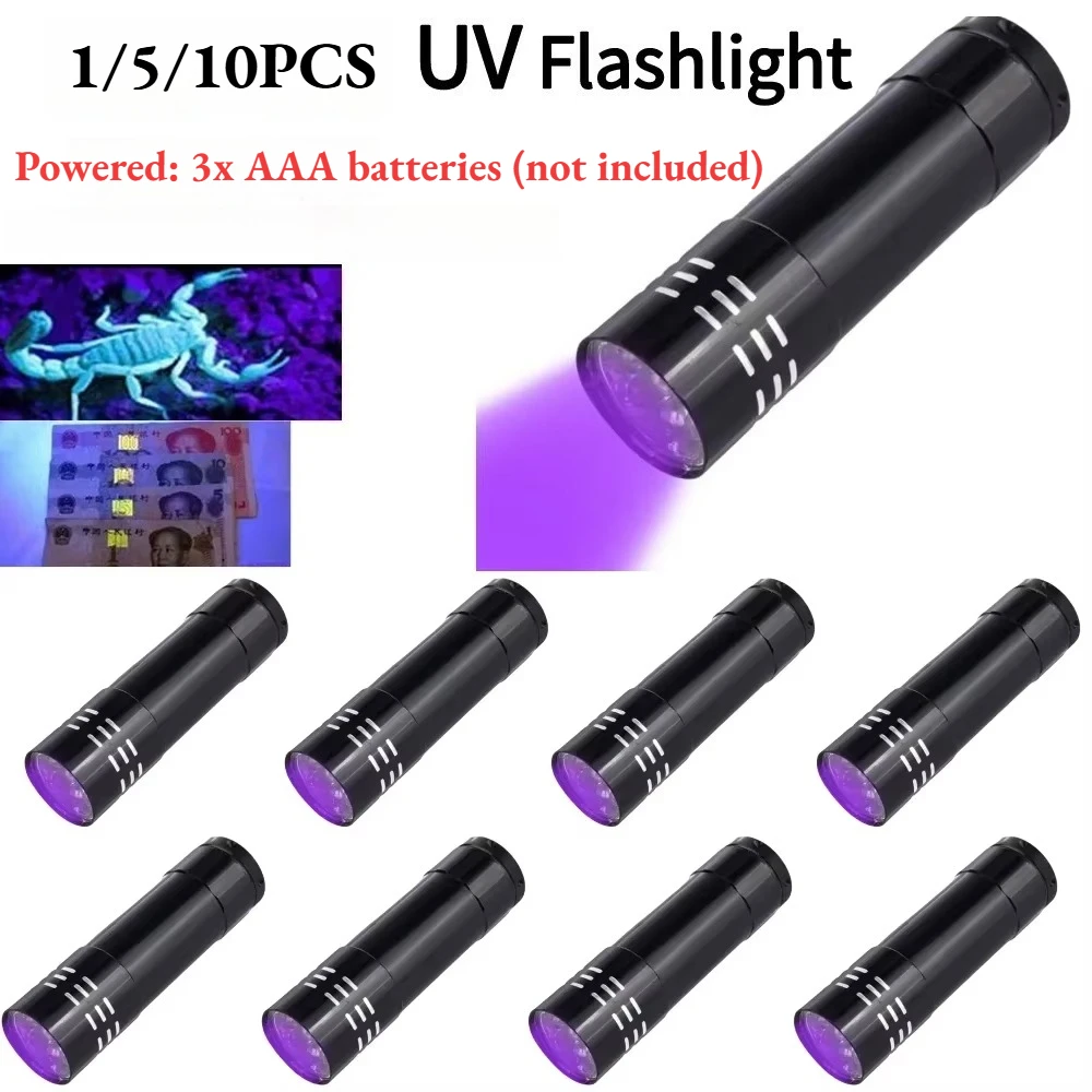 1/5/10PCS Mini UV Flashlight 9 LED UV Black Light 50LM 395nm Detection Light Outdoor Portable Lighting Tool for Hiking