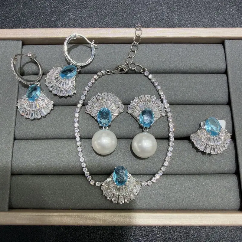 Fan Shape Pearl Jewelry Set Blue Cubic Zirconia 1 Fan Shape Pearl Jewelry Set Blue Cubic Zirconia