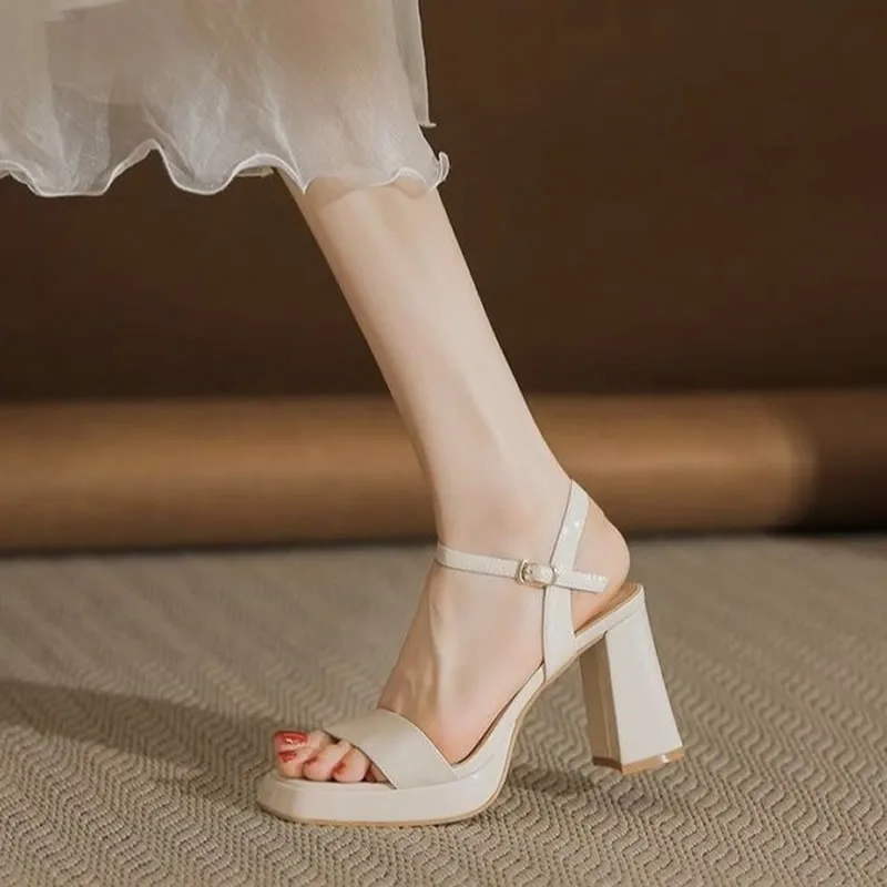 NEW Summer Woman Sandals Cow Leather Women Shoes Square Toe Super High Heels Solid Chunky Heels Beige Platform Sandals for Women